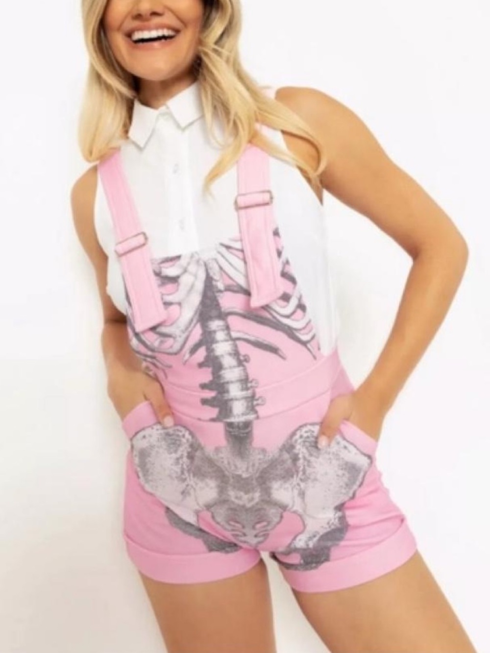 Blackmilk (Black Milk) Pink Skeleton Ribs Shortalls Short Overalls
